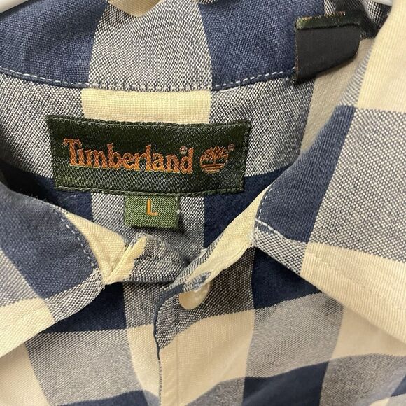 Men's Timberland Boot patch Button Shirt Size‎ Large blue check Cotton Flannel - Picture 2 of 5